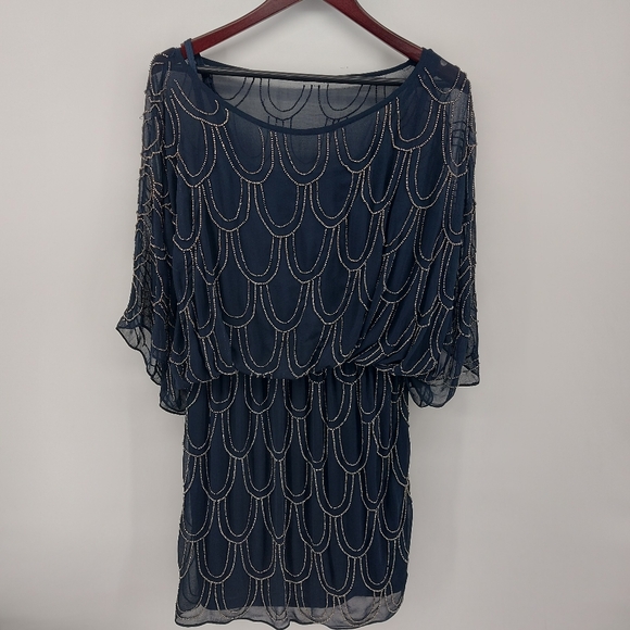 JS Collections Beaded Blouson Chiffon Dress Size 16 Navy/Silver - Picture 3 of 6